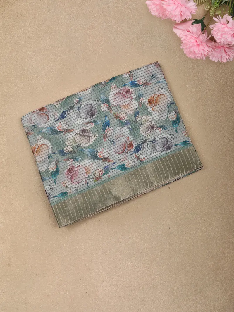 Soft Sage Green Floral Printed And Striped Woven Design Mixed Cotton Saree With Zari Border 1