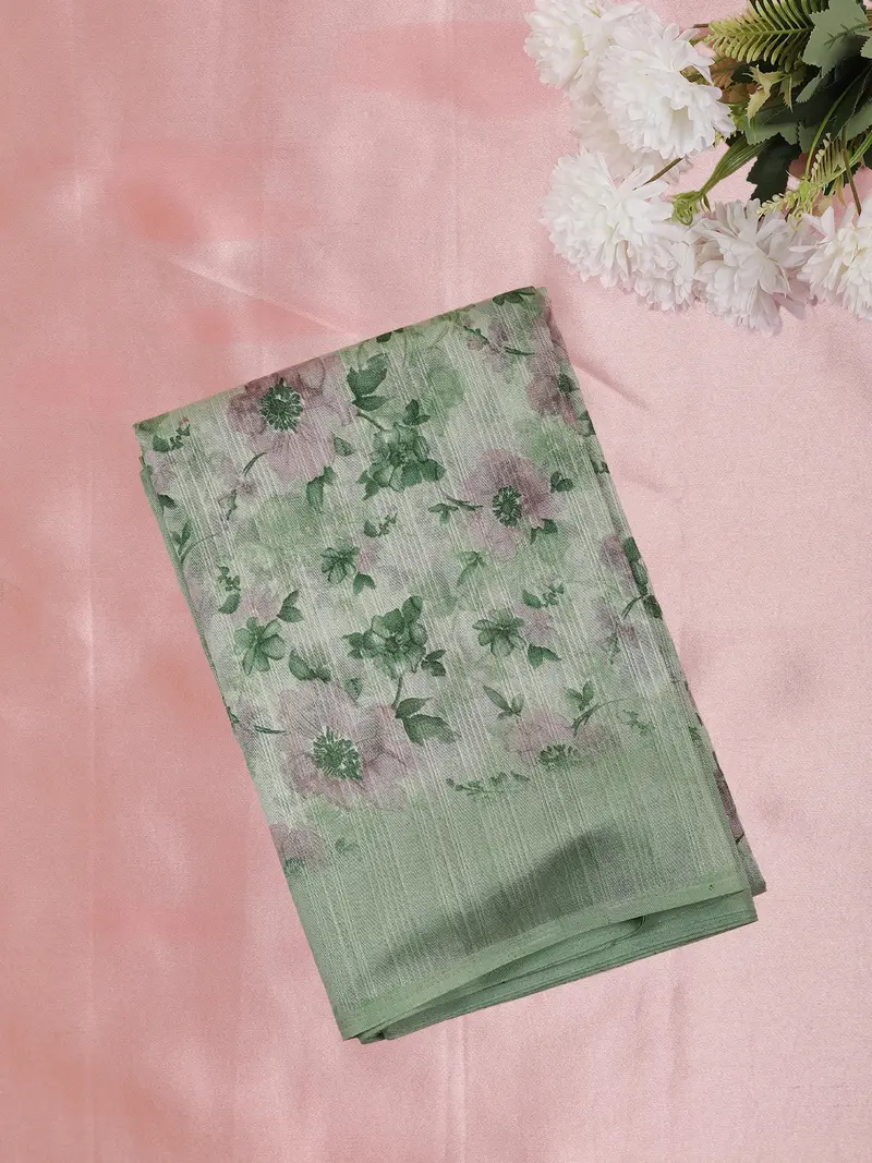 Soft Sage Green Floral Printed Design Mixed Cotton Saree 1