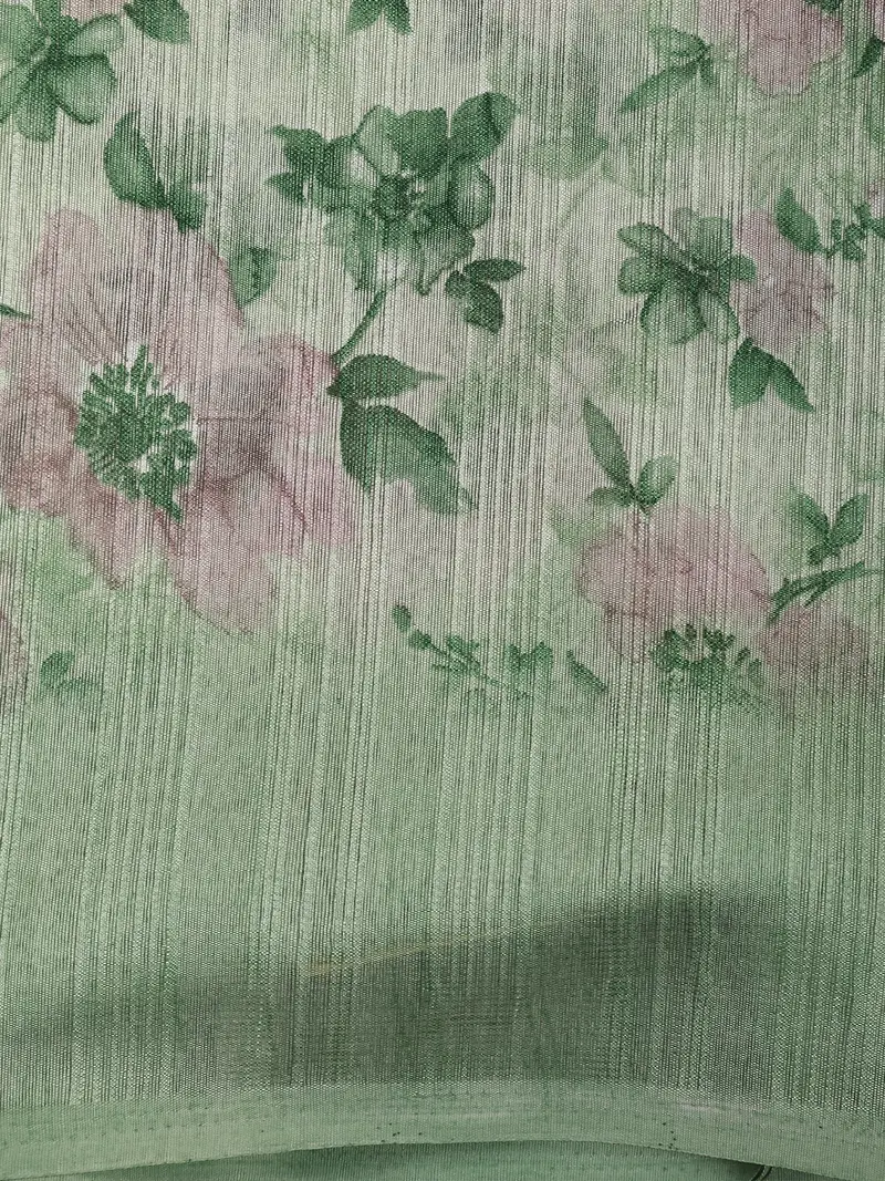 Soft Sage Green Floral Printed Design Mixed Cotton Saree 2