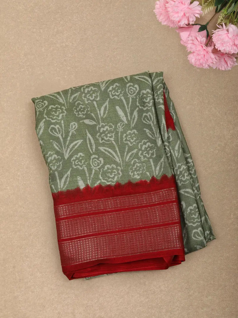 Soft Sage Green Floral Printed Design Semi Crepe Saree With Contrast Border 1