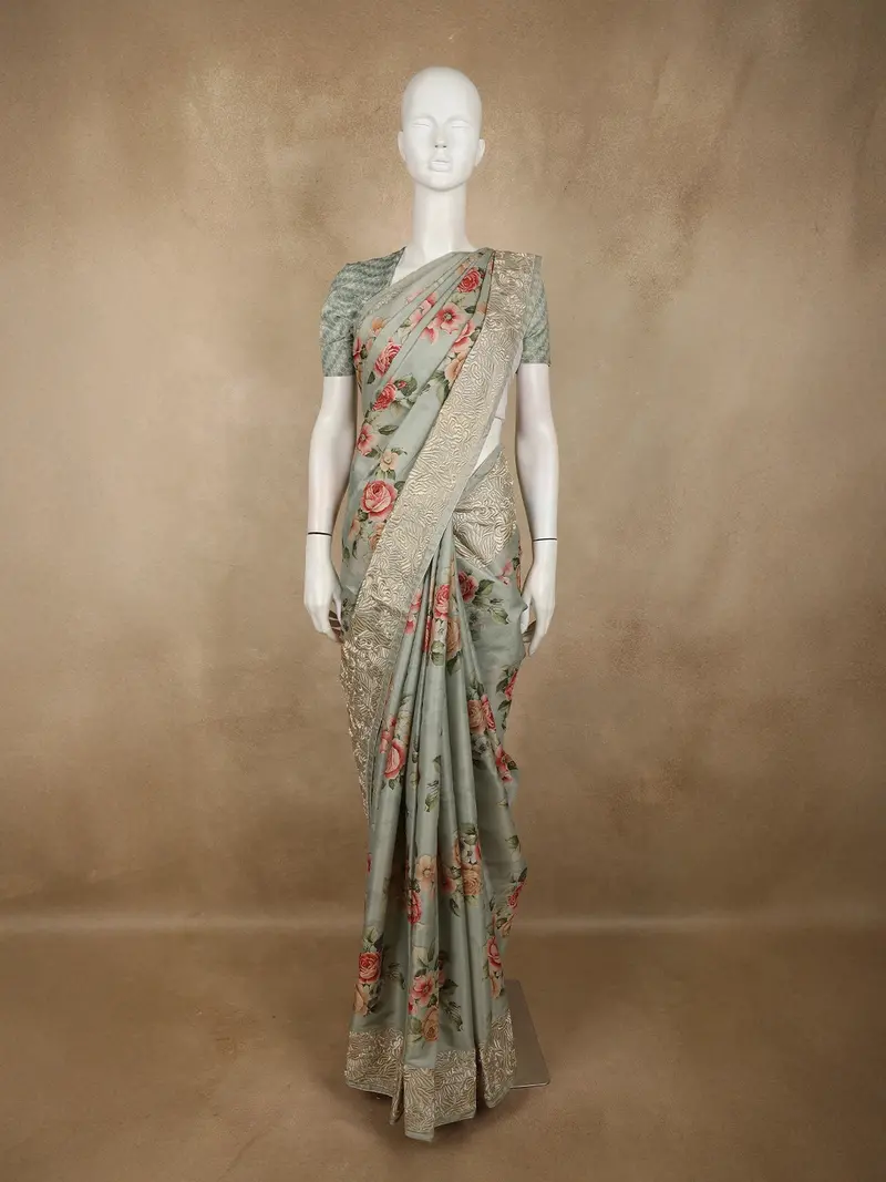 Soft Sage Green Floral Printed Design Semi Tussar Silk Saree 1