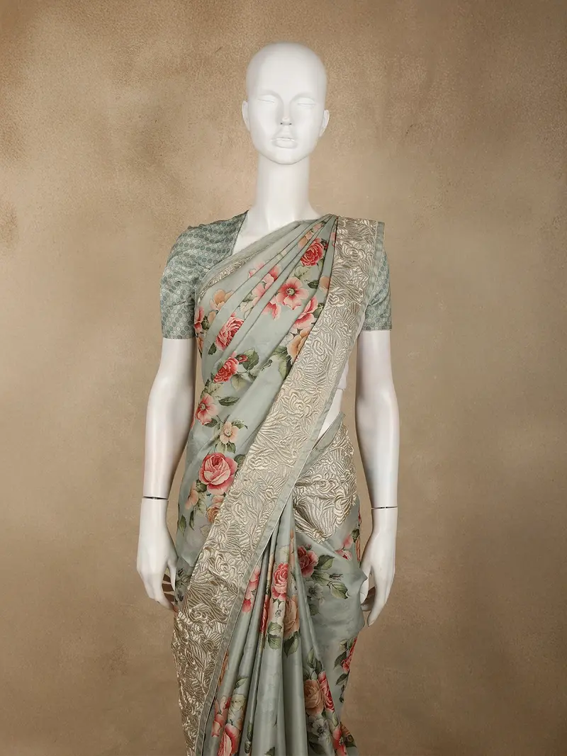 Soft Sage Green Floral Printed Design Semi Tussar Silk Saree 2