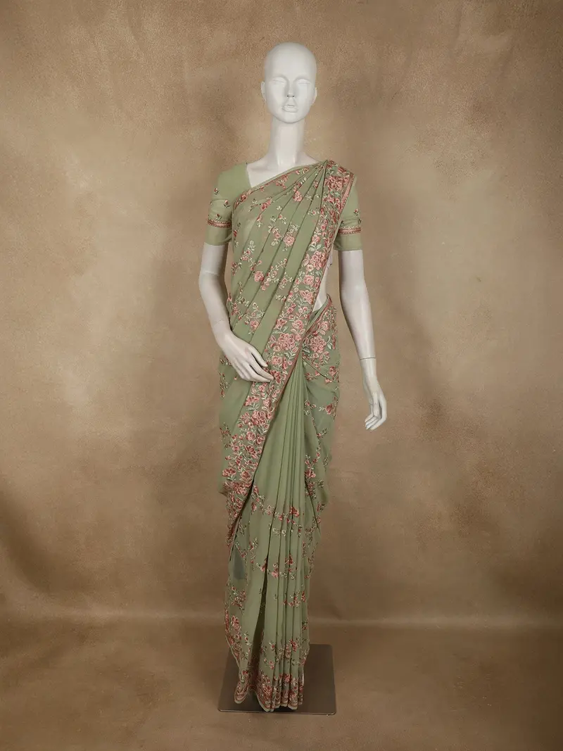 Soft Sage Green Floral Thread Embroidered Design Chiffon Fancy Saree 1