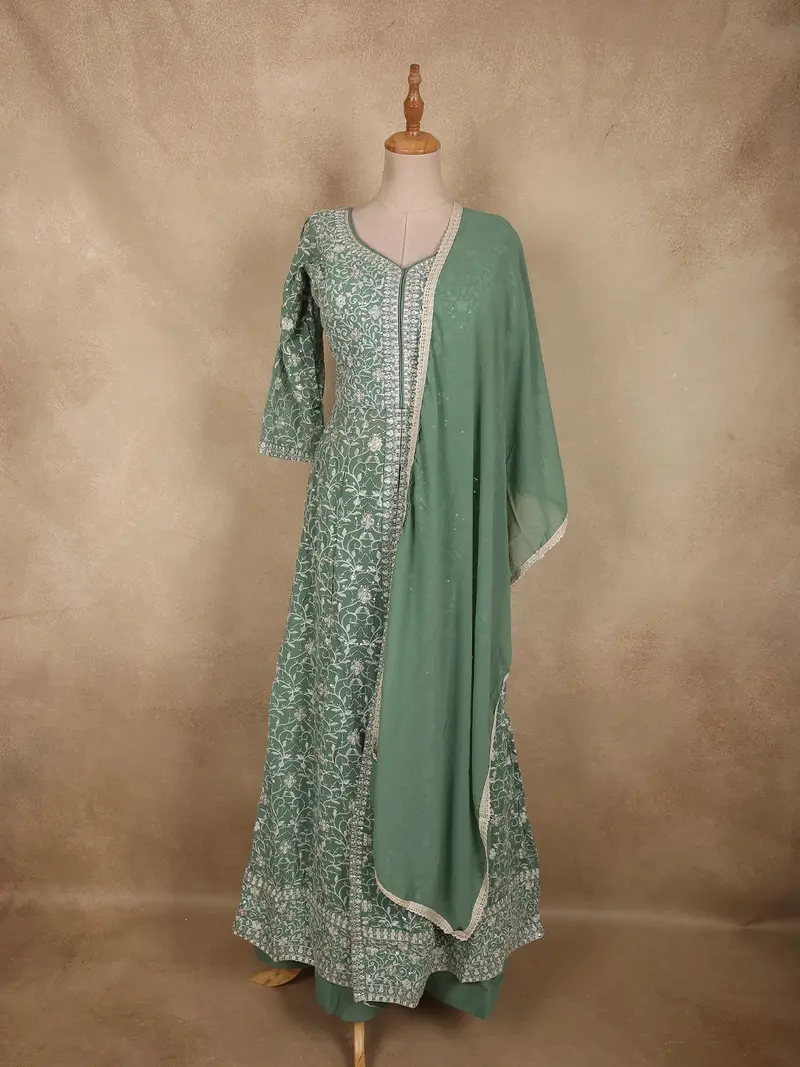 Soft Sage Green Floral Thread Embroidered Design Georgette Bridesmaid Lehenga With Dupatta 1