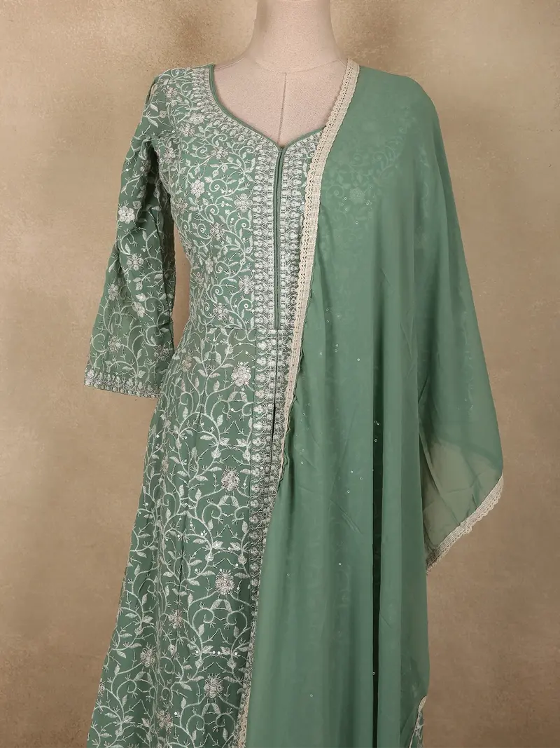 Soft Sage Green Floral Thread Embroidered Design Georgette Bridesmaid Lehenga With Dupatta 2