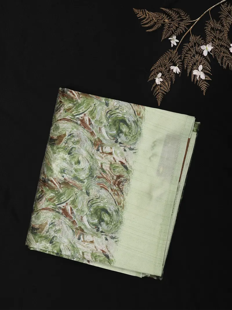 Soft Sage Green Floral Woven Design Blended Cotton Saree 1