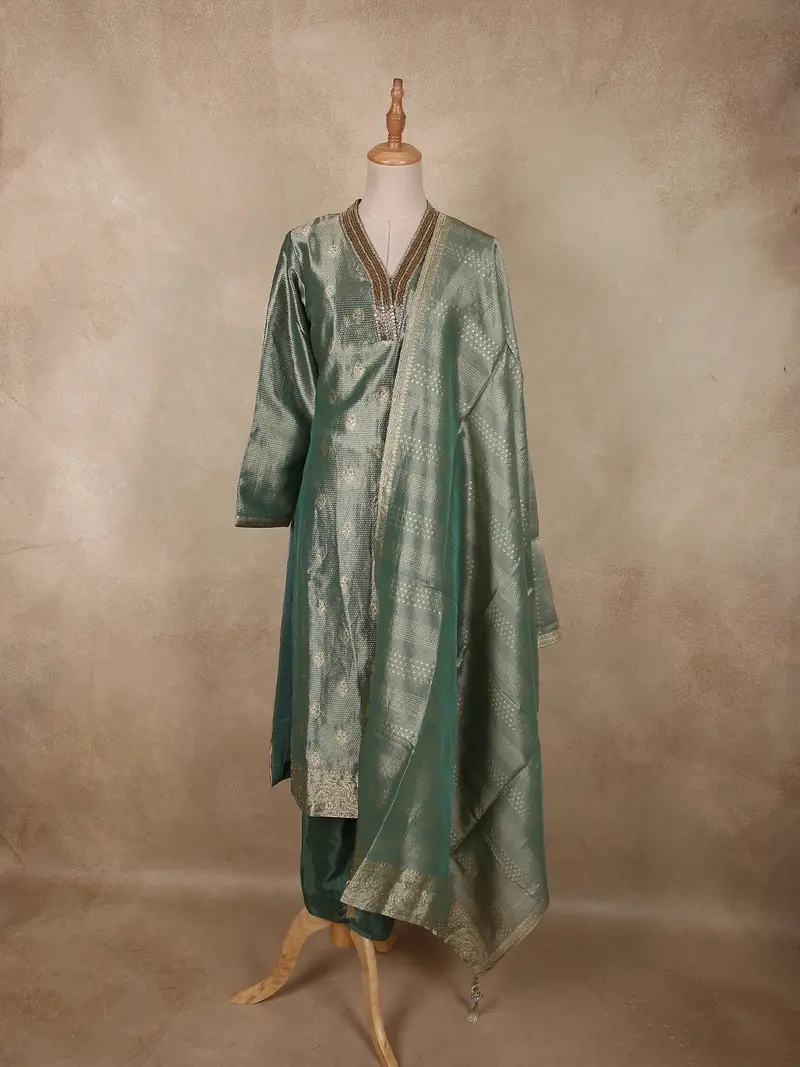Soft Sage Green Floral Zari Embroidered Design Tissue Salwar Suit With Dupatta 1
