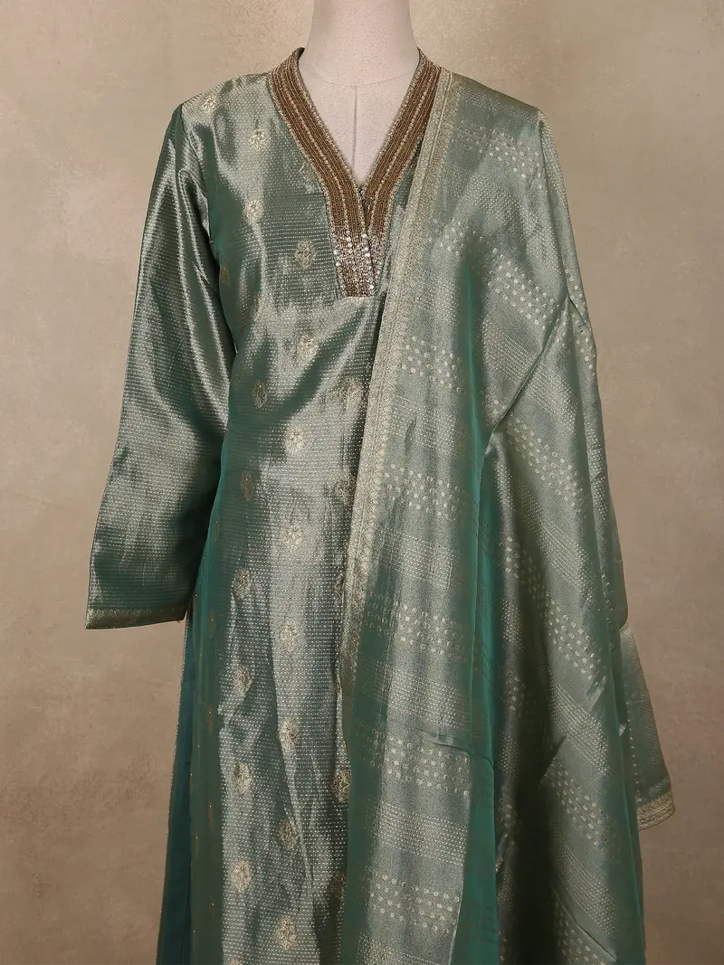 Soft Sage Green Floral Zari Embroidered Design Tissue Salwar Suit With Dupatta 2
