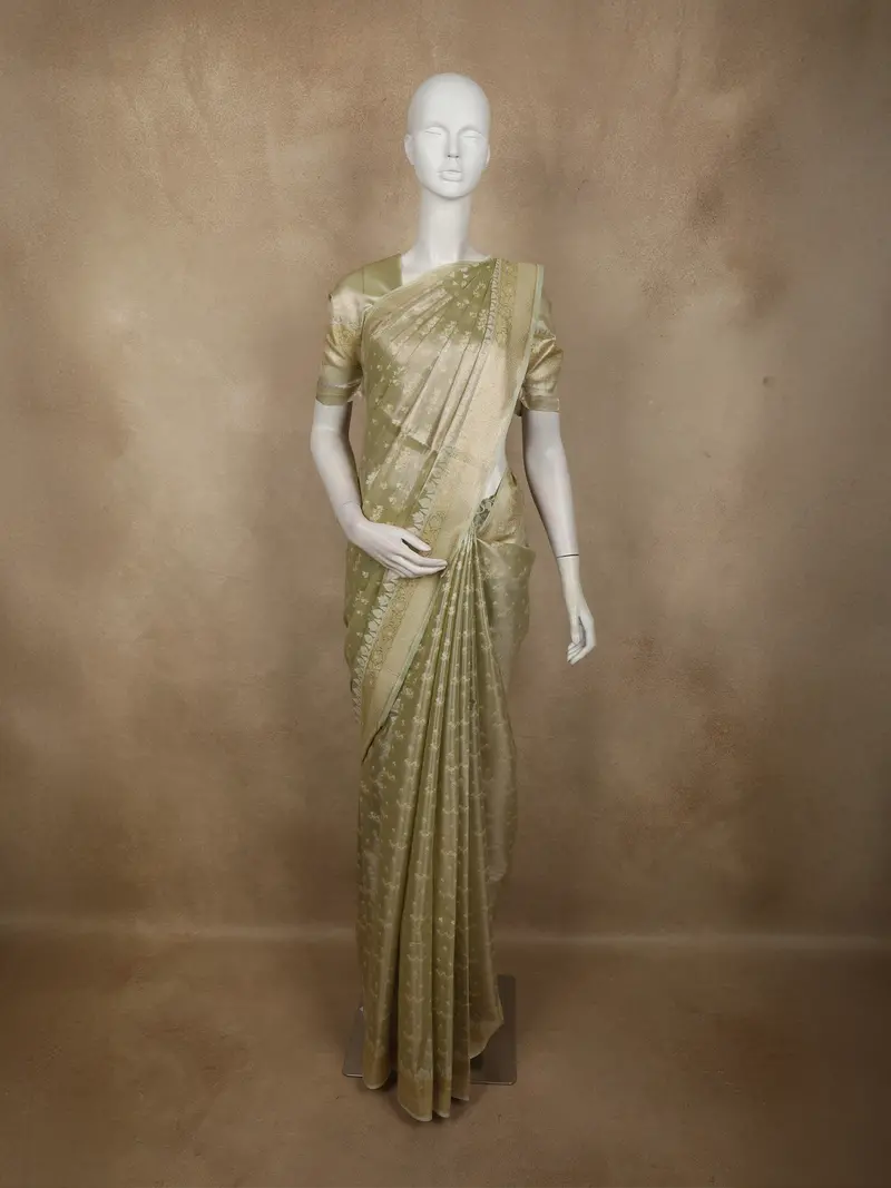 Soft Sage Green Floral Zari Woven Design Tissue Designer Saree 1