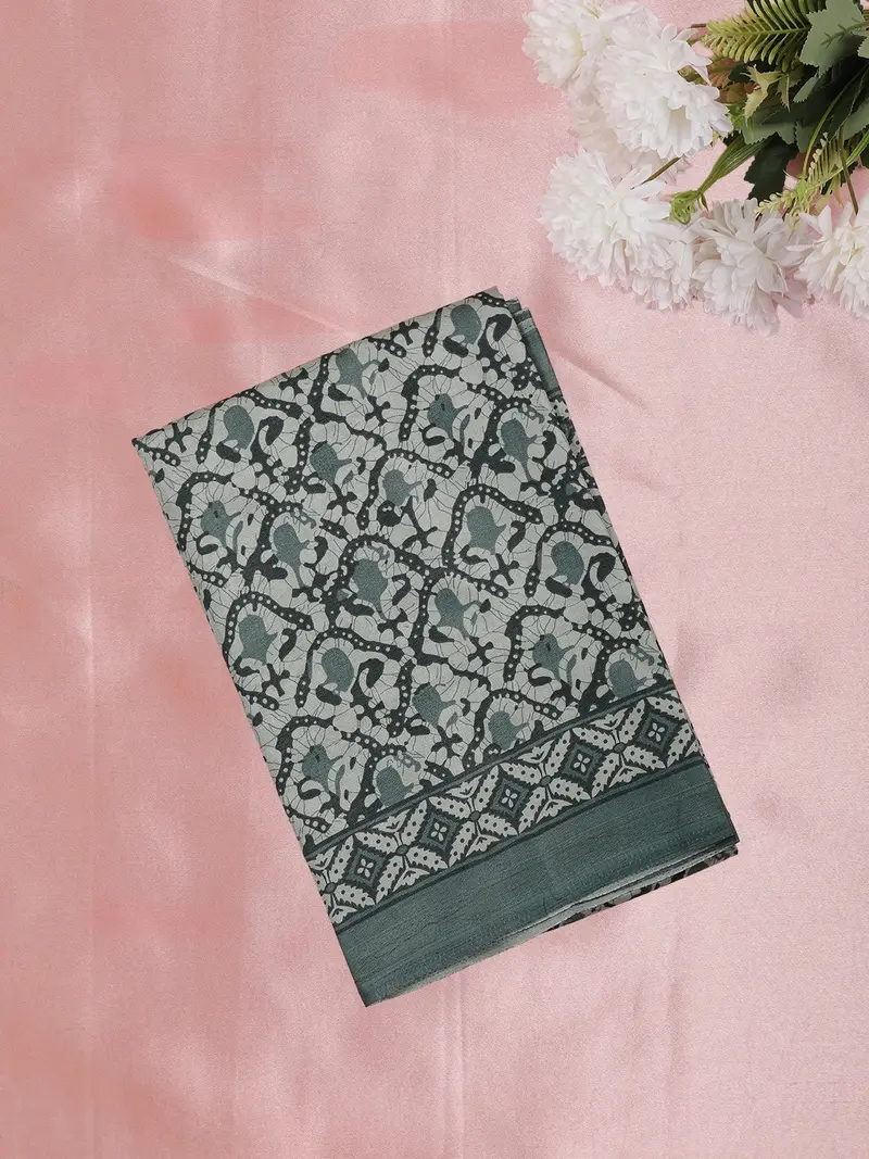Soft Sage Green Geometric Printed Design Mixed Cotton Saree 1