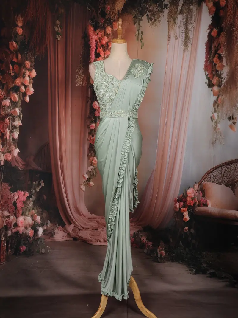 Soft Sage Green Heavy Sequins And Beads Embroidered Design Satin Ready To Wear Saree With Designer Blouse 1