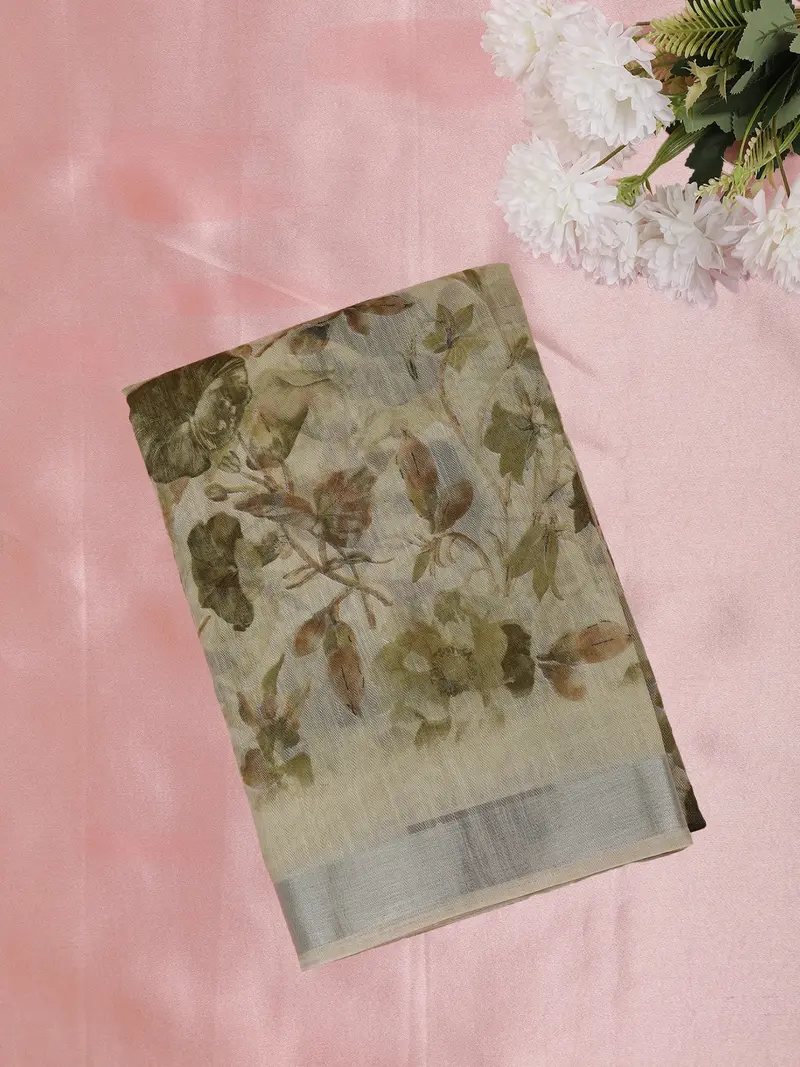 Soft Sage Green Leaf Printed Design Mixed Cotton Saree 1