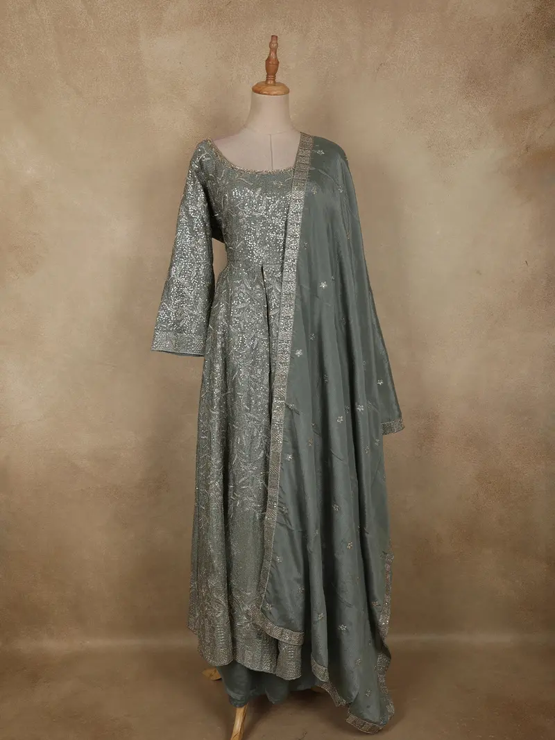 Soft Sage Grey Leaf Sequins Embroidered Design Georgette Palazzo Suit With Dupatta 1