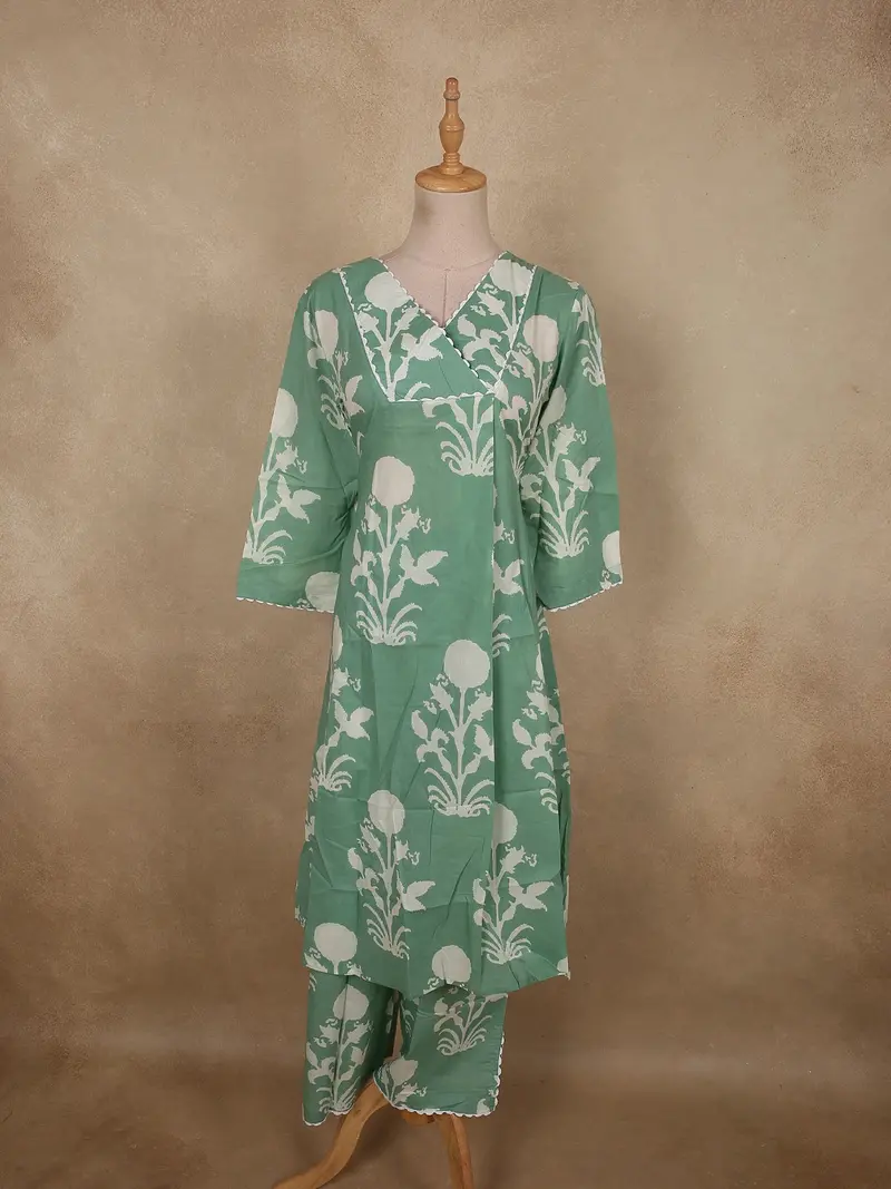 Soft Sage Mint Green Floral Printed Design Cotton Co-Ord Set 1