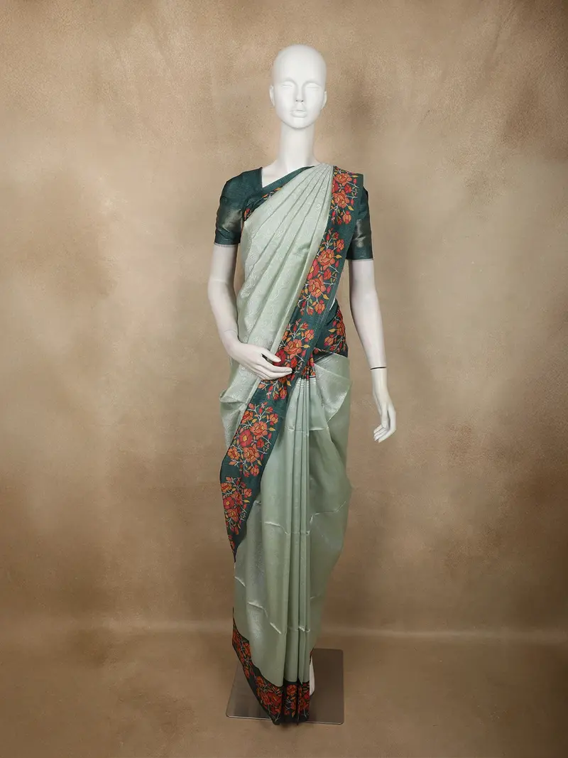 Soft Sage Mint Green Floral Thread Embroidered Design Semi Tussar Saree With Contrast Floral Border 1