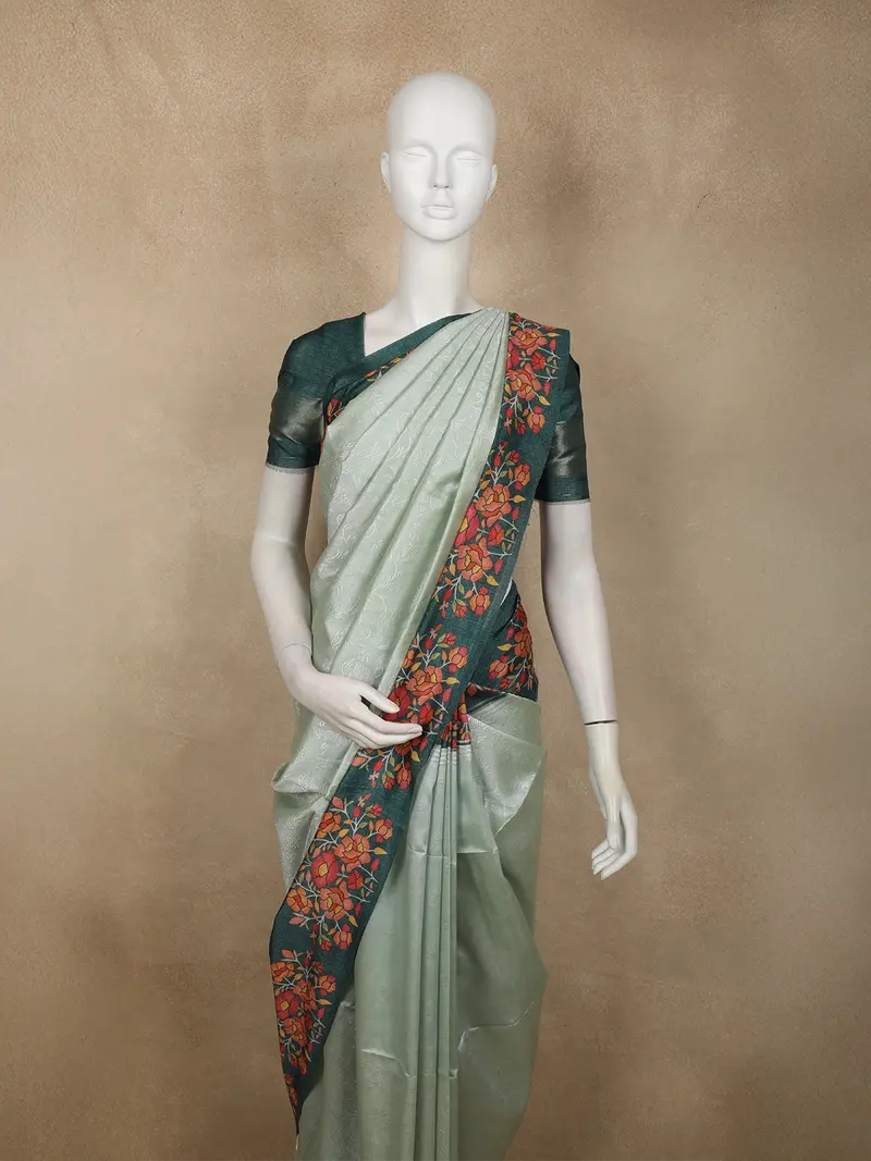 Soft Sage Mint Green Floral Thread Embroidered Design Semi Tussar Saree With Contrast Floral Border 2