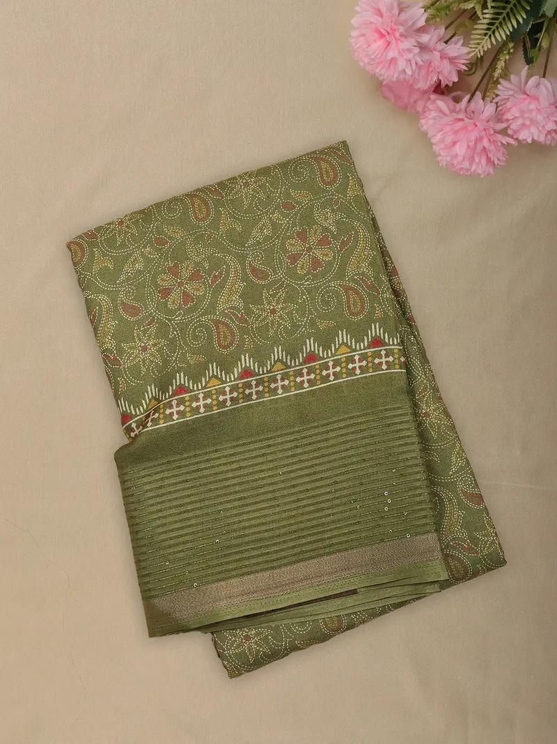 Soft Sage Olive Green Floral And Paisley Printed Design Crepe Saree 1