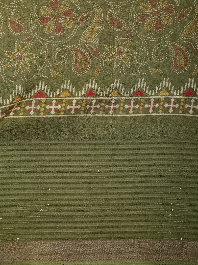 Soft Sage Olive Green Floral And Paisley Printed Design Crepe Saree 2
