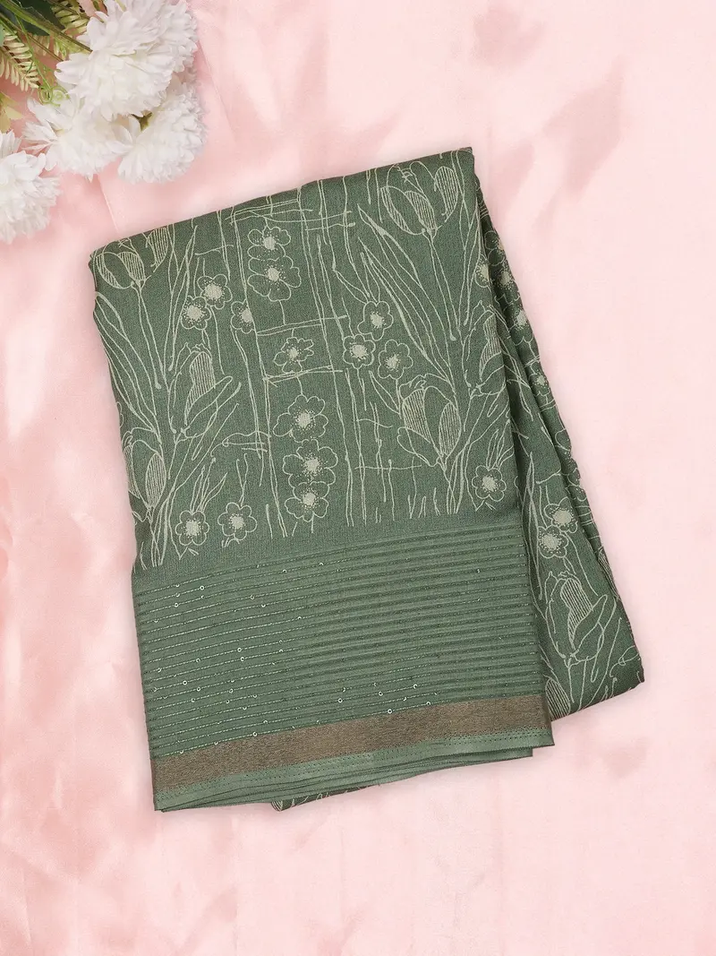 Soft Sage Olive Green Floral Line Printed Design Semi Silk Saree With Subtle Border 1