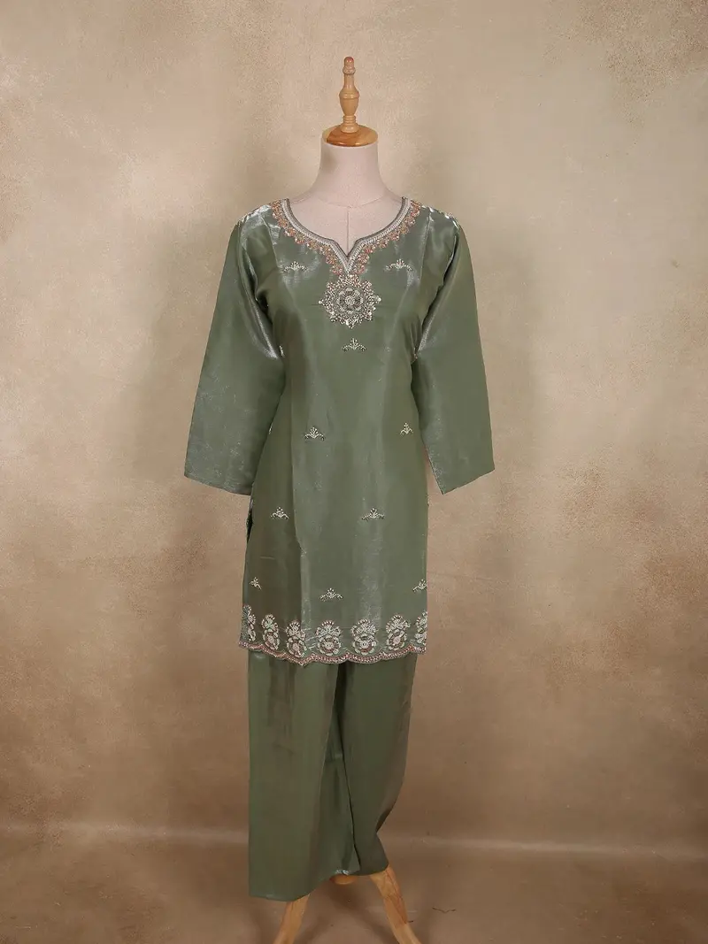 Soft Sage Olive Green Sequins And Beads Embroidered Design Organza Palazzo Suit 1