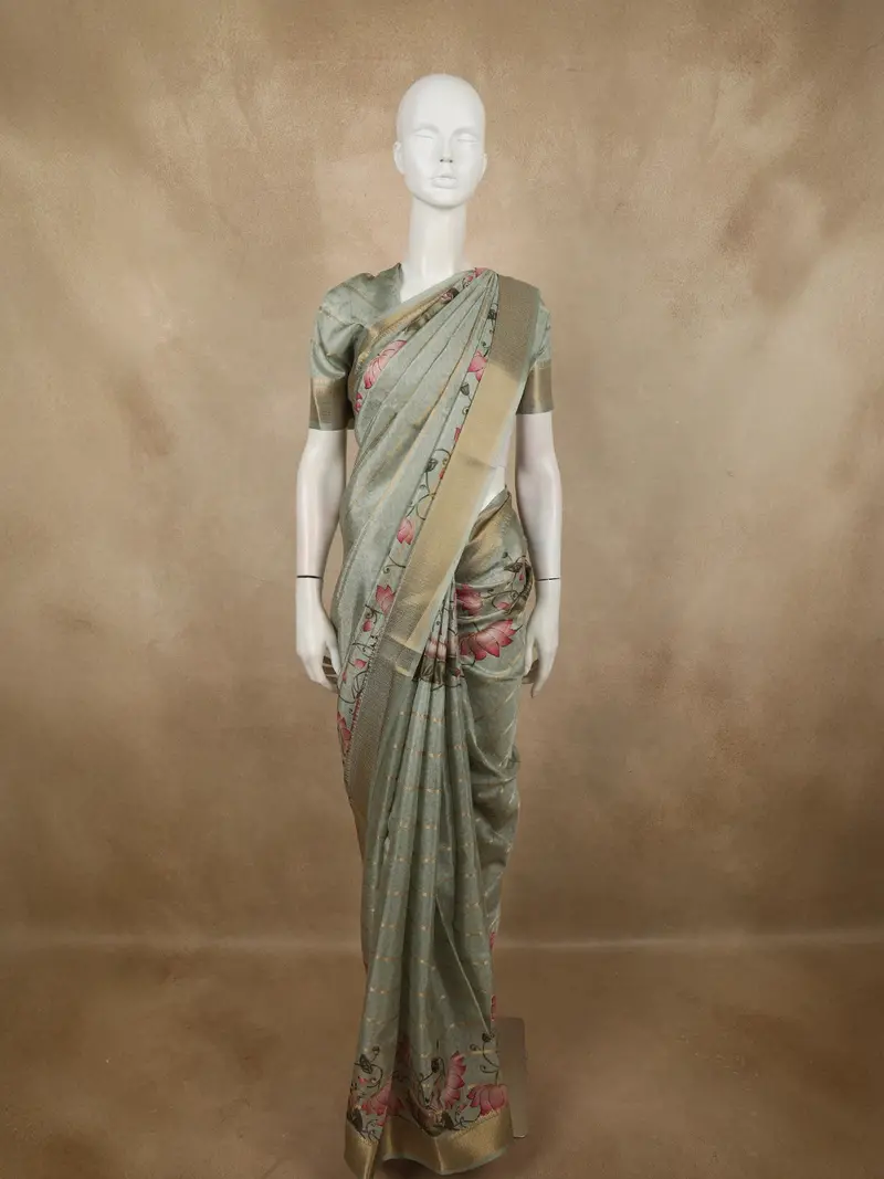 Soft Sage Olive Green Striped Zari Woven Design Pure Tussar Silk Saree With Floral Border 1