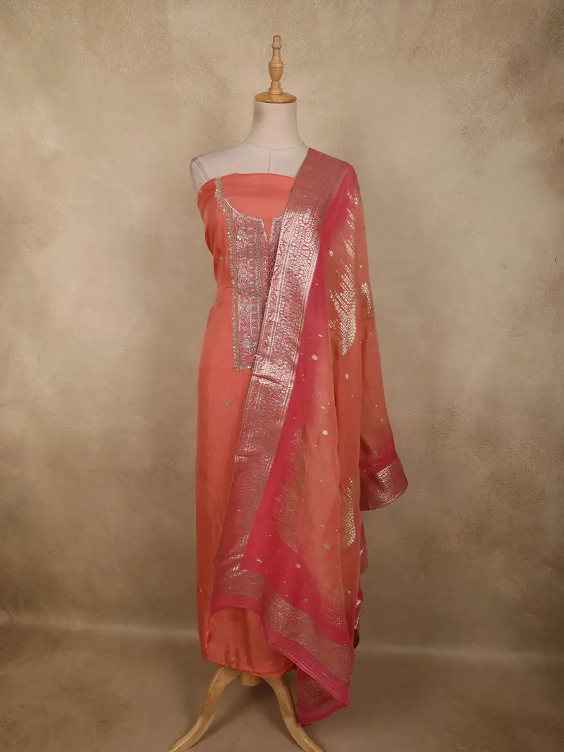 Soft Salmon Peach Floral Sequins And Zardozi Embroidered Design Tissue Unstitched Salwar Material With Dupatta 1
