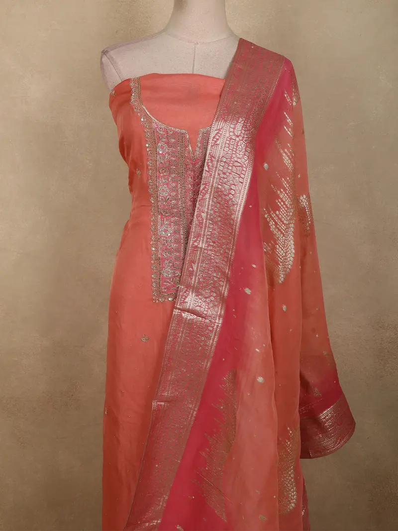 Soft Salmon Peach Floral Sequins And Zardozi Embroidered Design Tissue Unstitched Salwar Material With Dupatta 2