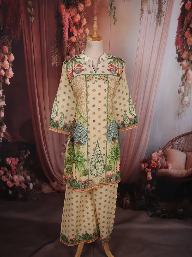 Soft Sand Beige Botanical Printed Design Cotton Palazzo Suit 1