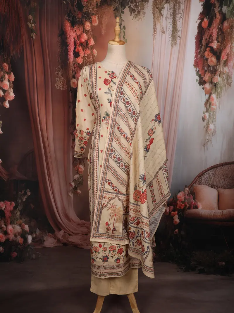 Soft Sand Beige Floral Beads Embroidered Design Cotton Salwar Suit With Dupatta 1