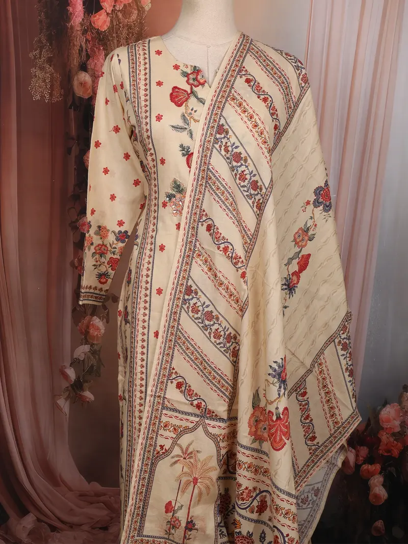 Soft Sand Beige Floral Beads Embroidered Design Cotton Salwar Suit With Dupatta 2