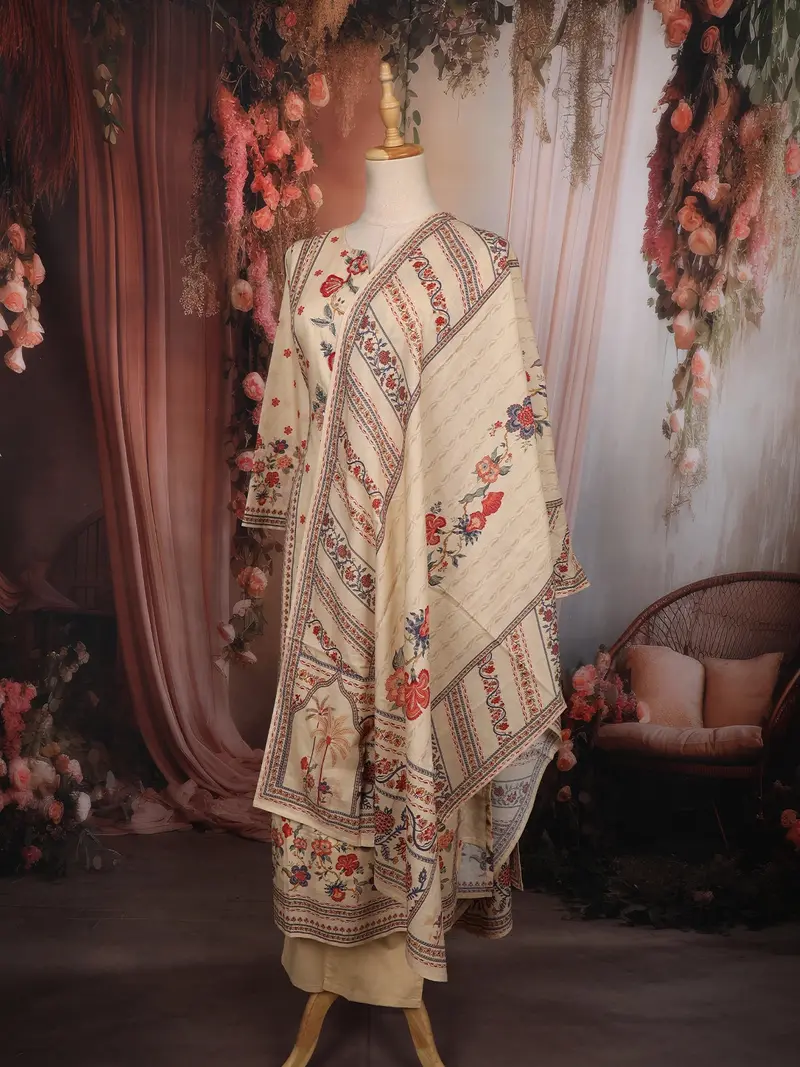 Soft Sand Beige Floral Beads Embroidered Design Cotton Salwar Suit With Dupatta 3