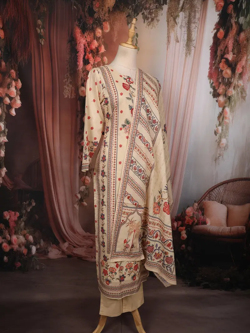 Soft Sand Beige Floral Beads Embroidered Design Cotton Salwar Suit With Dupatta 4
