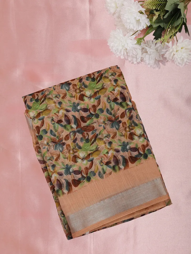 Soft Sand Beige Floral Printed Design Mixed Cotton Saree 1