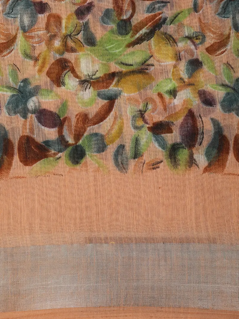 Soft Sand Beige Floral Printed Design Mixed Cotton Saree 2