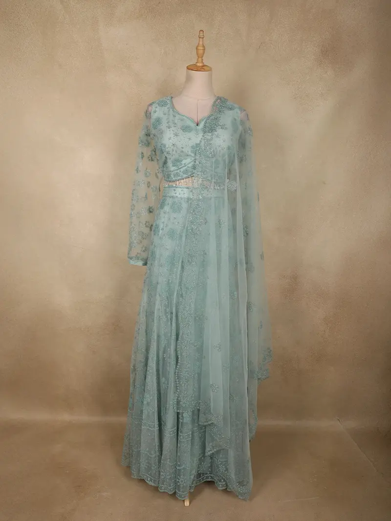 Soft Seafoam Blue Floral And Beads Embroidered Design Net Lehenga With Dupatta 1