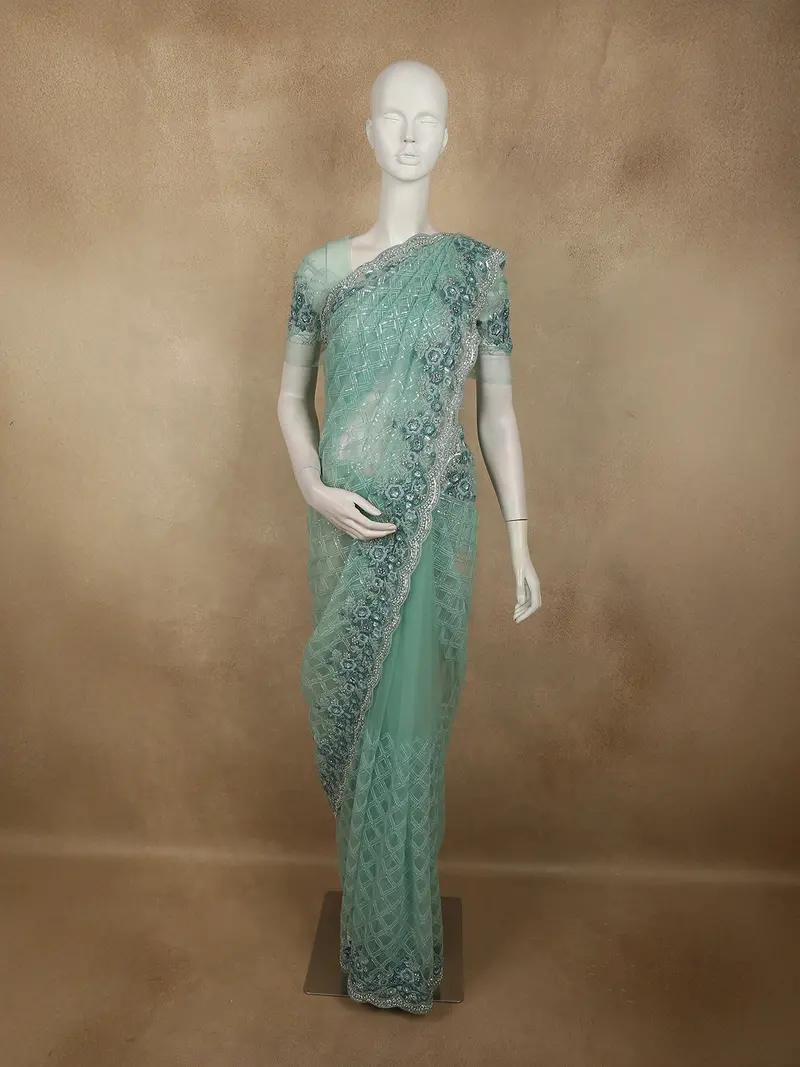 Soft Seafoam Green Geometric Sequins Embroidered Design Net Designer Saree With Floral Border 1