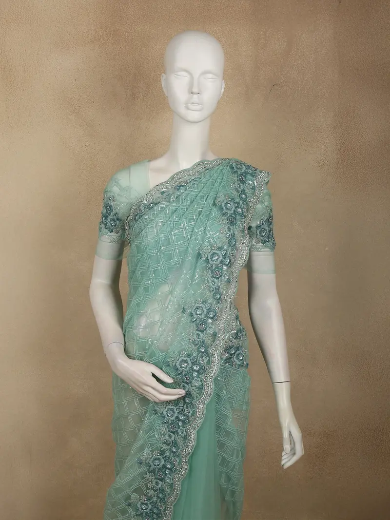 Soft Seafoam Green Geometric Sequins Embroidered Design Net Designer Saree With Floral Border 2