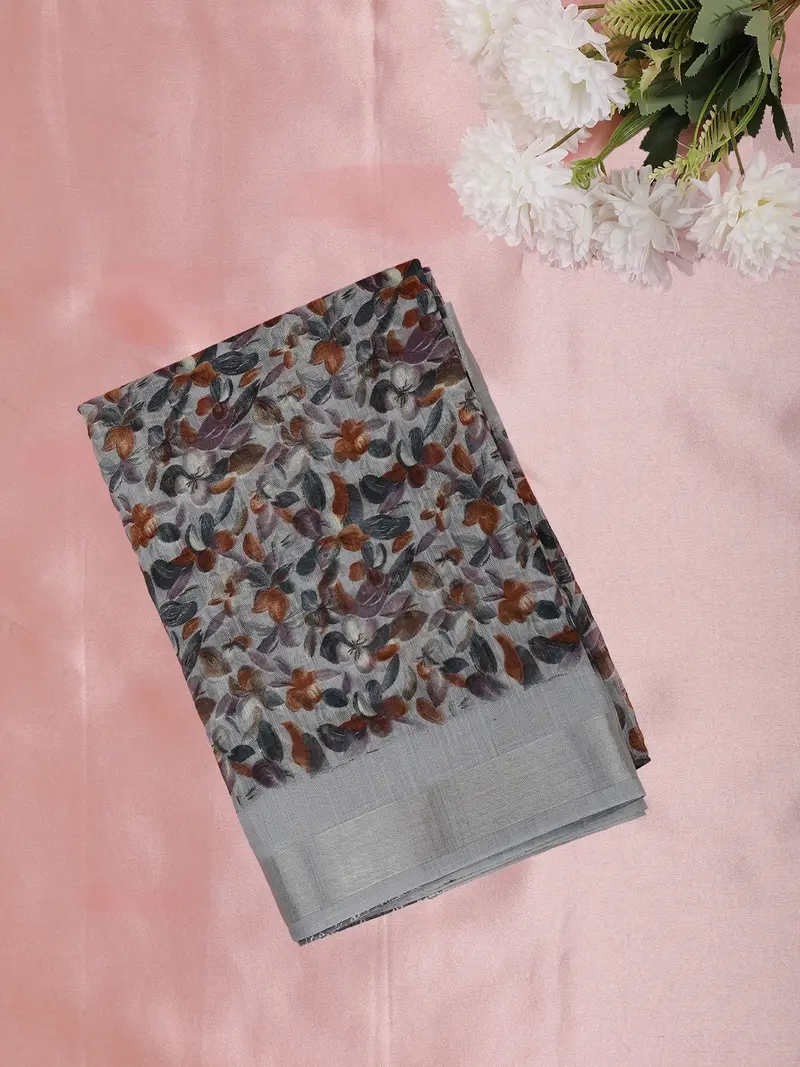 Soft Silver Grey Floral Printed Design Mixed Cotton Saree 1