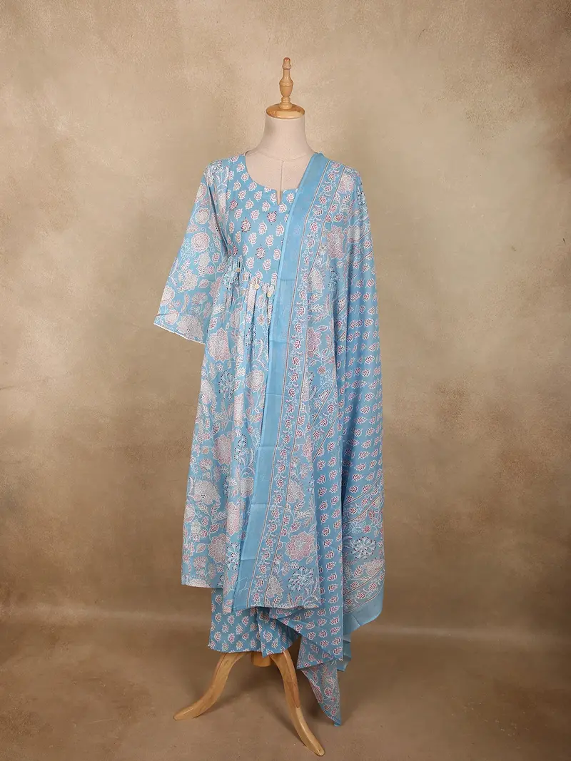 Soft Sky Blue Floral Printed Design Cotton Salwar Suit With Dupatta 1