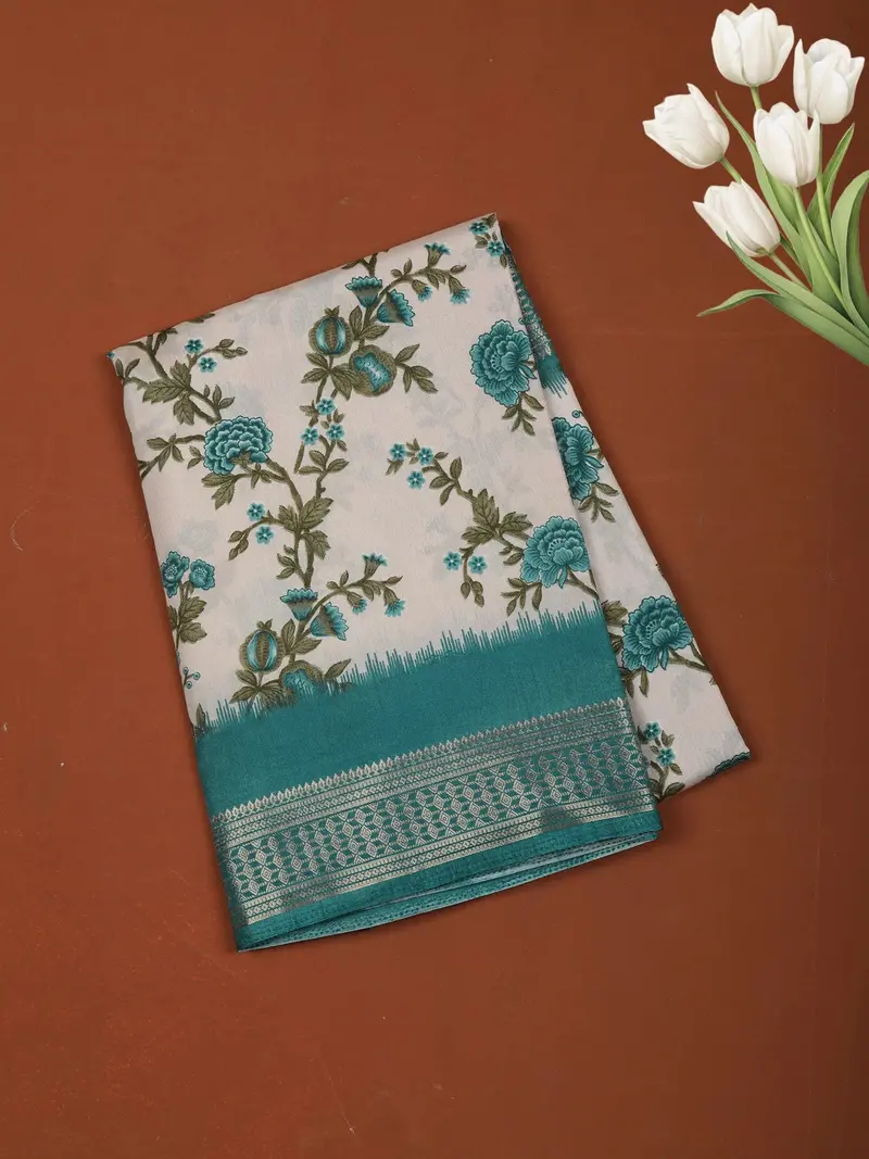 Soft Teal Blue Floral Printed Design Chiffon Casual Saree With Zari Border 1