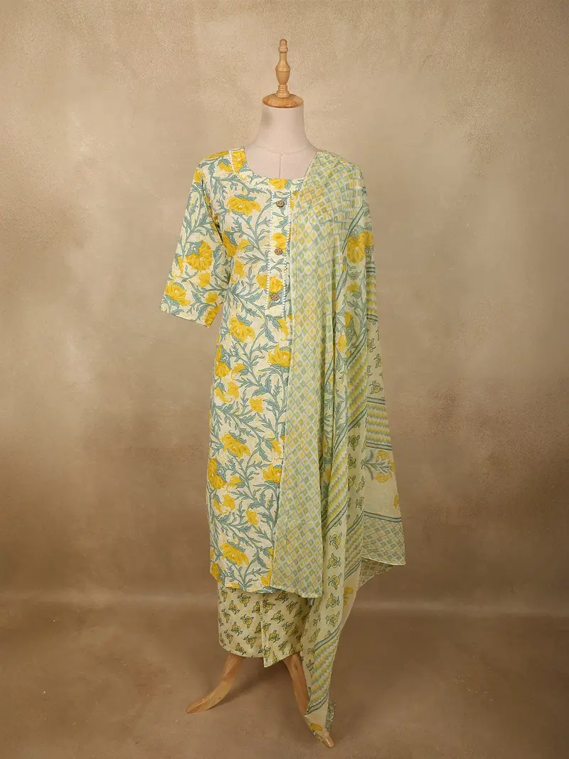 Soft Yellow Floral Printed Design Cotton Straight Cut Salwar Suit With Dupatta 1