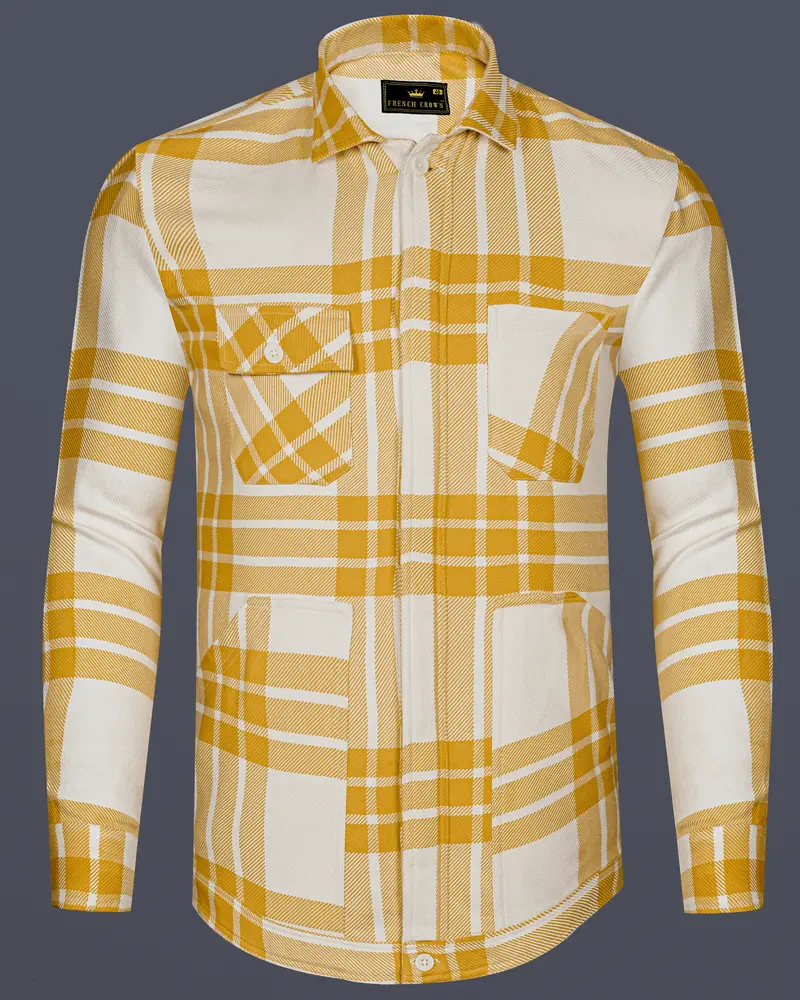Solaro-Marigold Yellow And Bright White Plaid Heavyweight Twill Designer Overshirt/Shacket 1