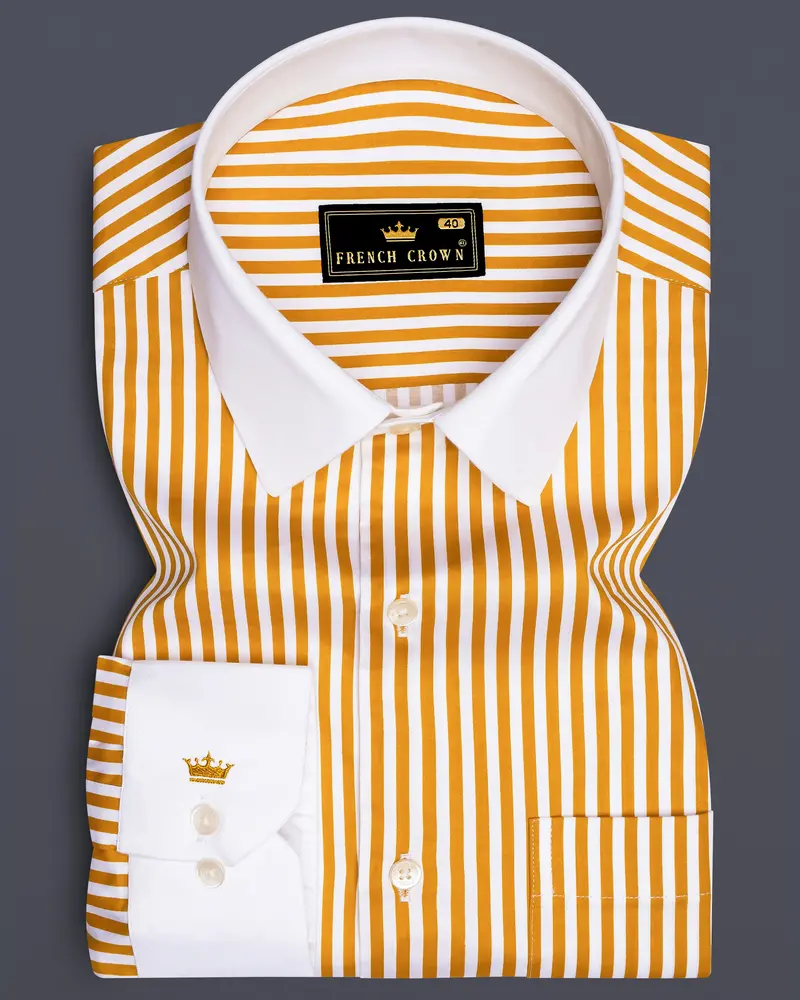 Solaro-Sunshade Yellow And Bright White Candy Striped Subtle Sheen Super Soft Premium Cotton Cuff Collar Dress Shirt 1
