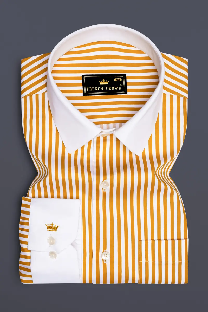 Solaro-Sunshade Yellow And Bright White Candy Striped Subtle Sheen Super Soft Premium Cotton Cuff Collar Dress Shirt 2