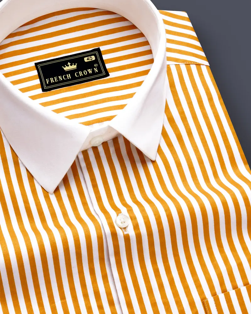 Solaro-Sunshade Yellow And Bright White Candy Striped Subtle Sheen Super Soft Premium Cotton Cuff Collar Dress Shirt 4