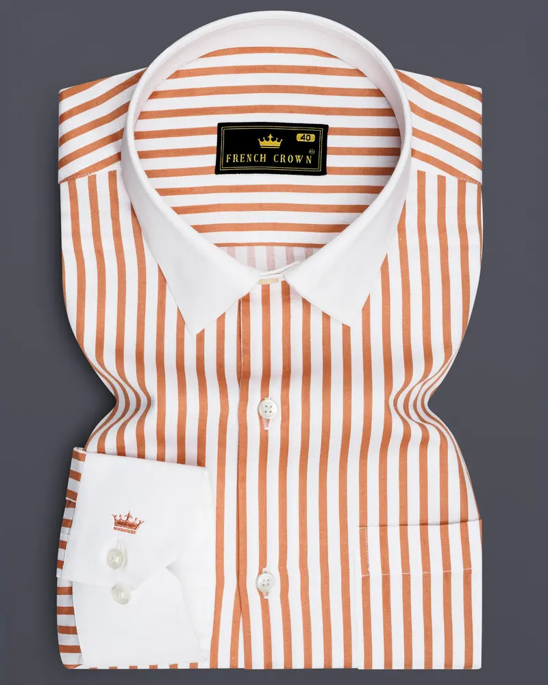 Solcoro-Apricot Orange And Bright White Candy Striped Super Soft Premium Cotton Dress White Cuff Collar Shirt 1