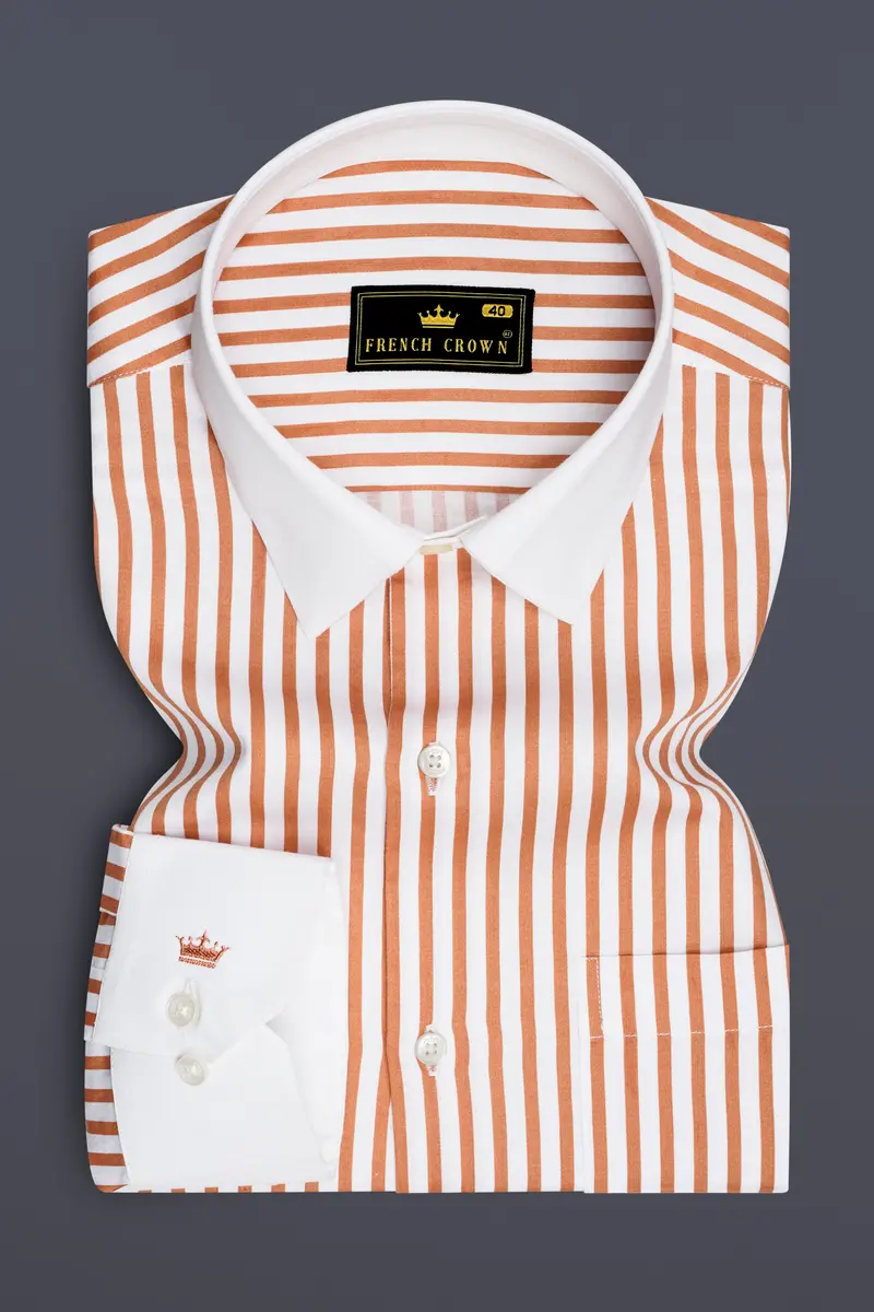 Solcoro-Apricot Orange And Bright White Candy Striped Super Soft Premium Cotton Dress White Cuff Collar Shirt 2