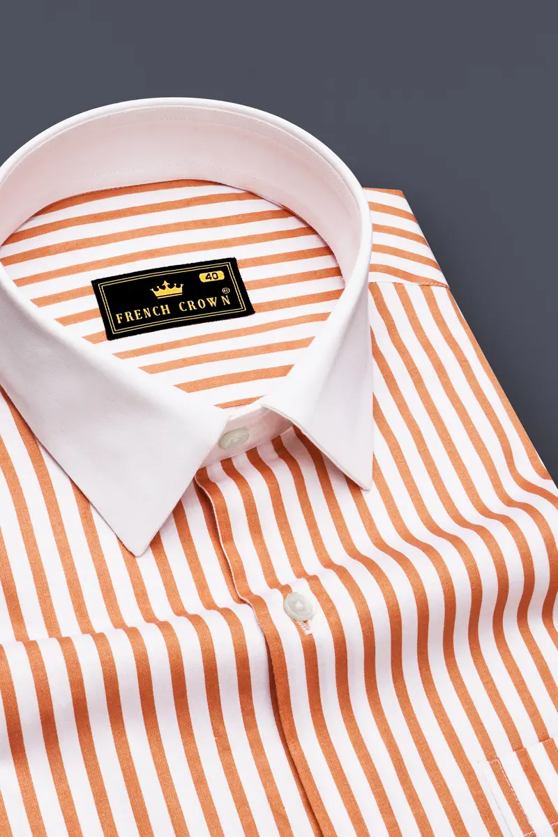 Solcoro-Apricot Orange And Bright White Candy Striped Super Soft Premium Cotton Dress White Cuff Collar Shirt 4