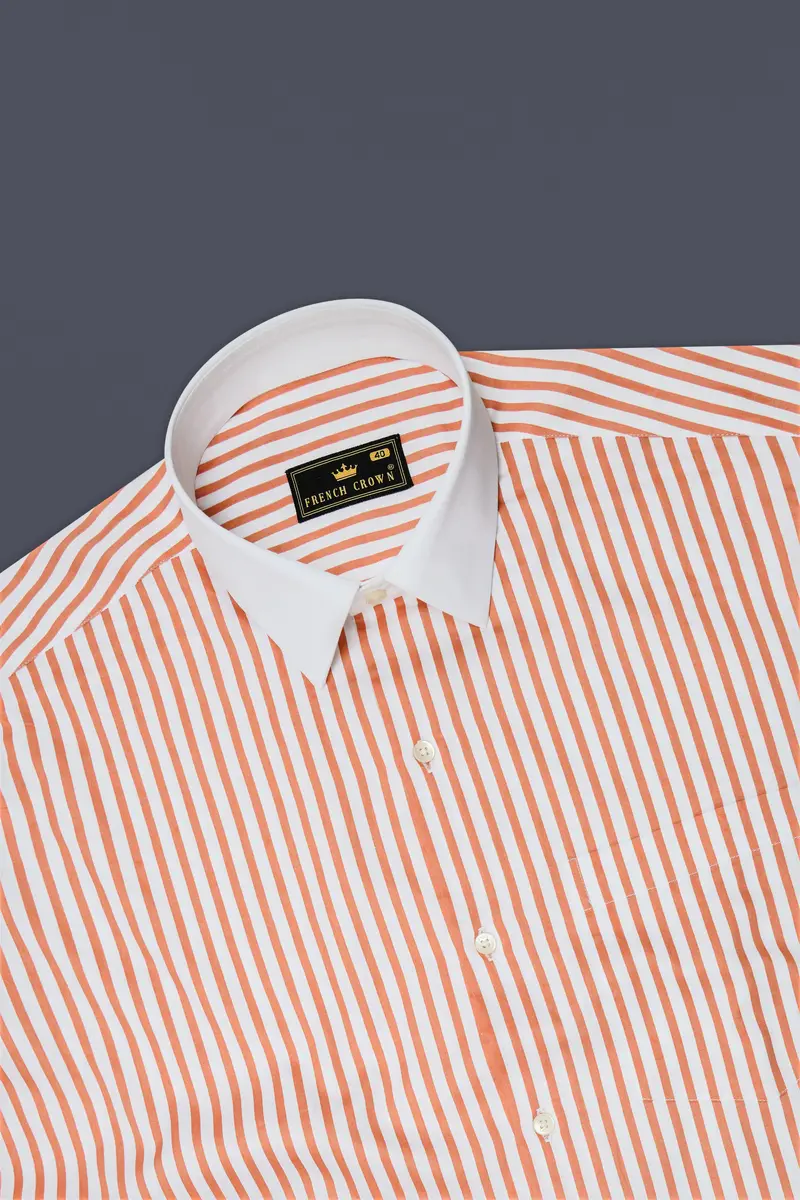 Solcoro-Apricot Orange And Bright White Candy Striped Super Soft Premium Cotton Dress White Cuff Collar Shirt 5