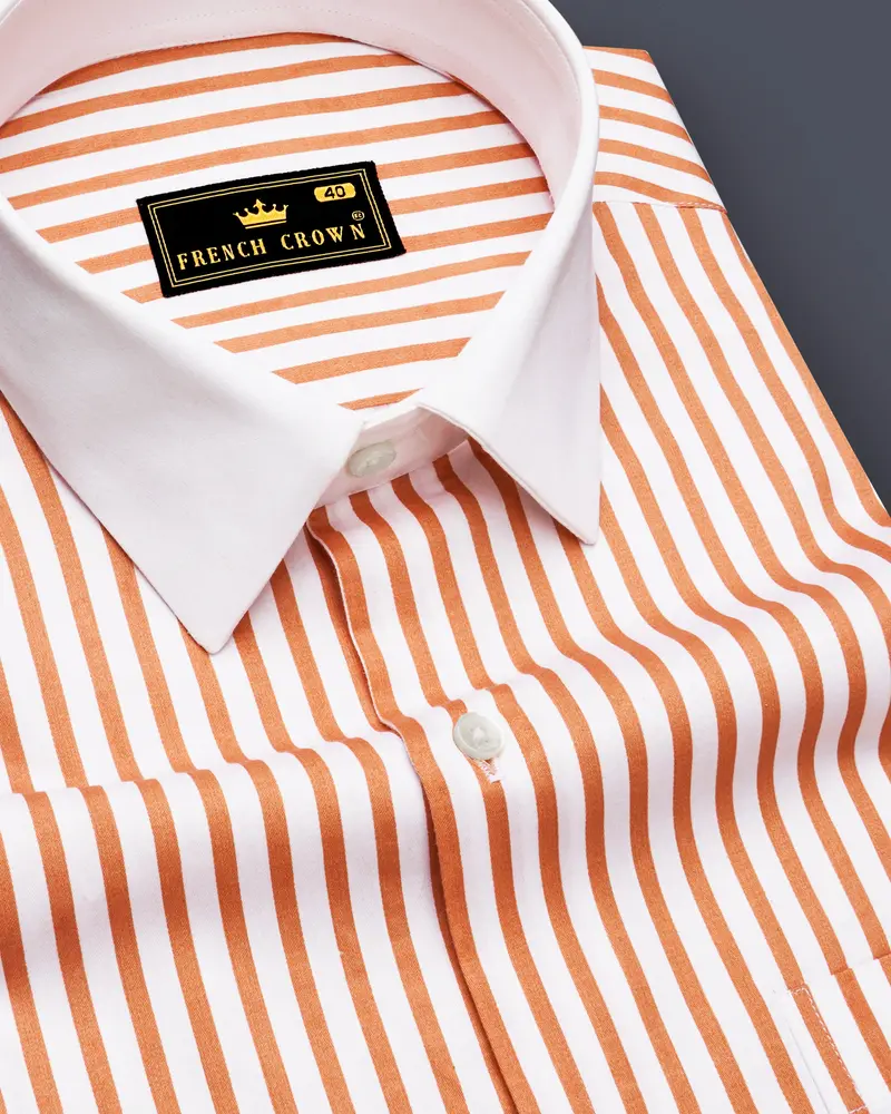 Solcoro-Apricot Orange And Bright White Candy Striped Super Soft Premium Cotton Dress White Cuff Collar Shirt 6